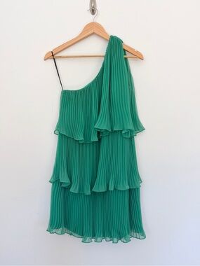 Zara Woman Emerald Green One-Shoulder Pleated Tiered Dress Mini Party XS